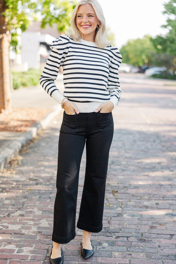 C'est Chic Black Striped Puff Sleeve Top