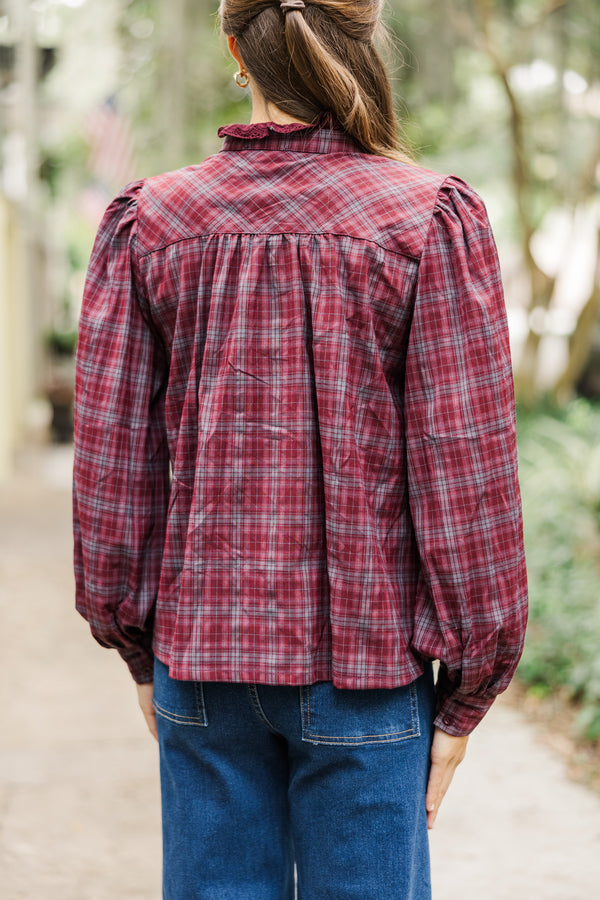 Leave It All Behind Wine Red Plaid Blouse