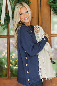 The Slouchy Navy Blue Side Button Sweater