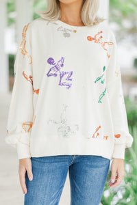 Skeleton Dance Cream White Sequin Pullover