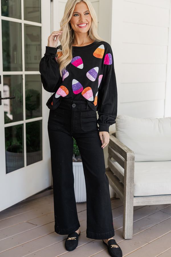 Candy Corn Craze Black Sequin Pullover