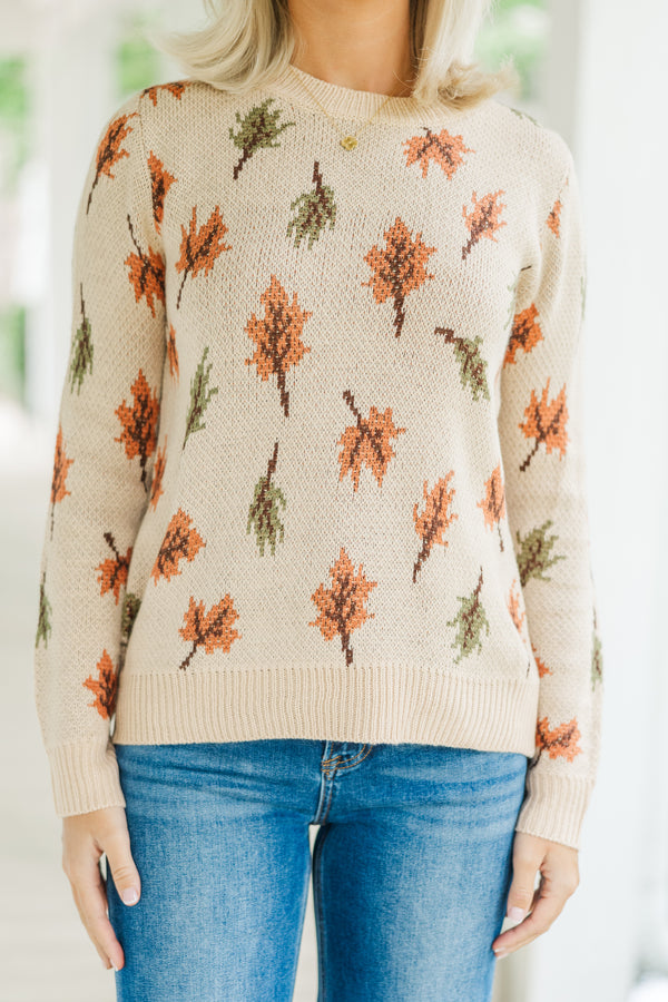 Take A Moment Taupe Leaf Print Sweater