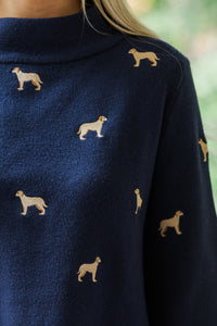 It All Works Navy Blue Golden Retriever Embroidered Sweater