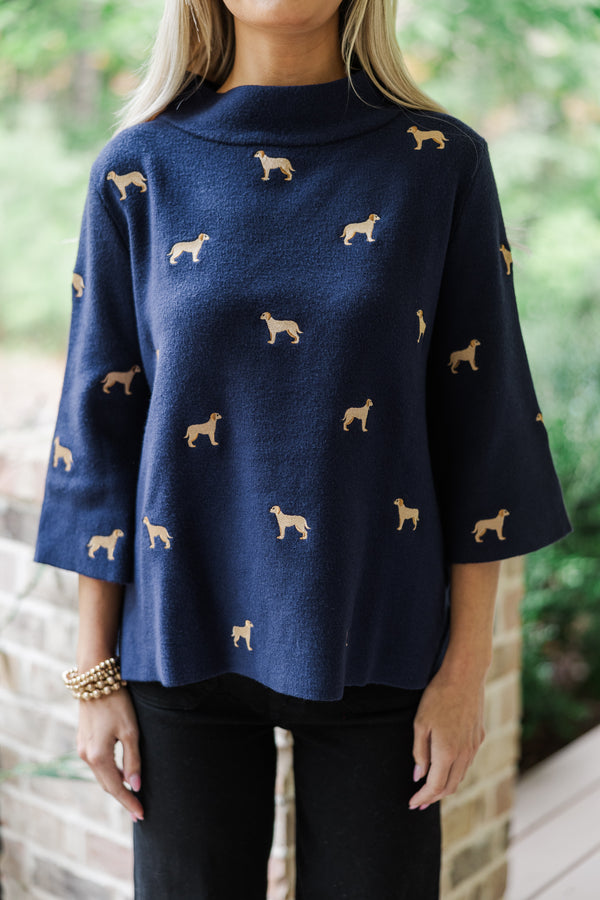 It All Works Navy Blue Golden Retriever Embroidered Sweater