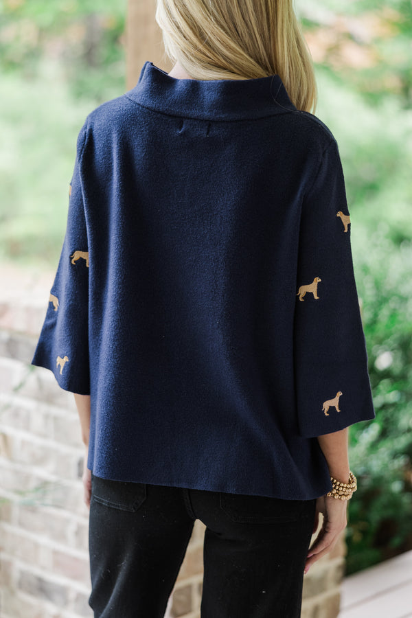 It All Works Navy Blue Golden Retriever Embroidered Sweater