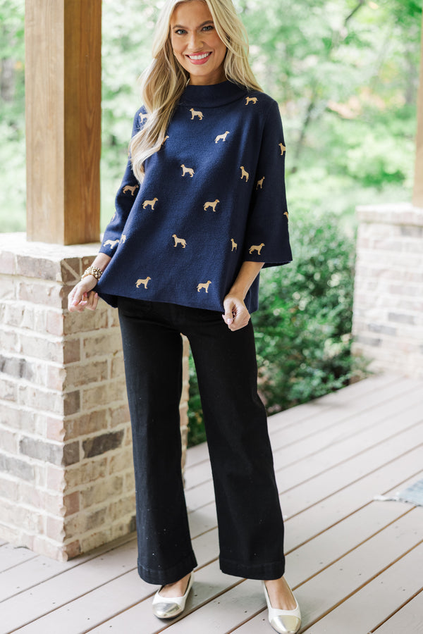 It All Works Navy Blue Golden Retriever Embroidered Sweater