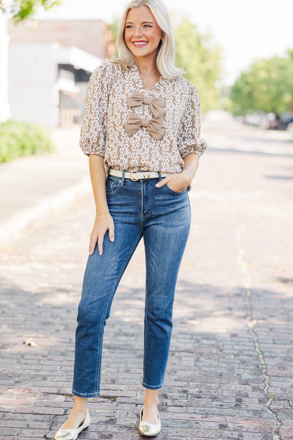 In A Dream Brown Bow Detailed Blouse