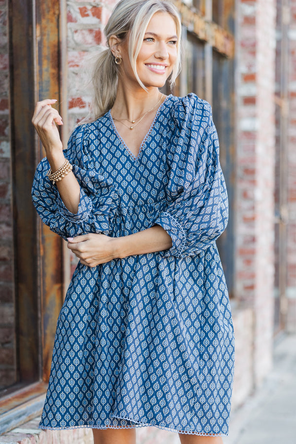 Moving Forward Denim Blue Medallion Dress