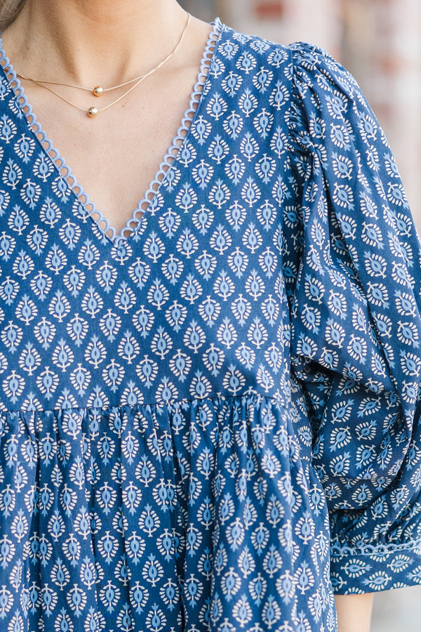 Moving Forward Denim Blue Medallion Dress