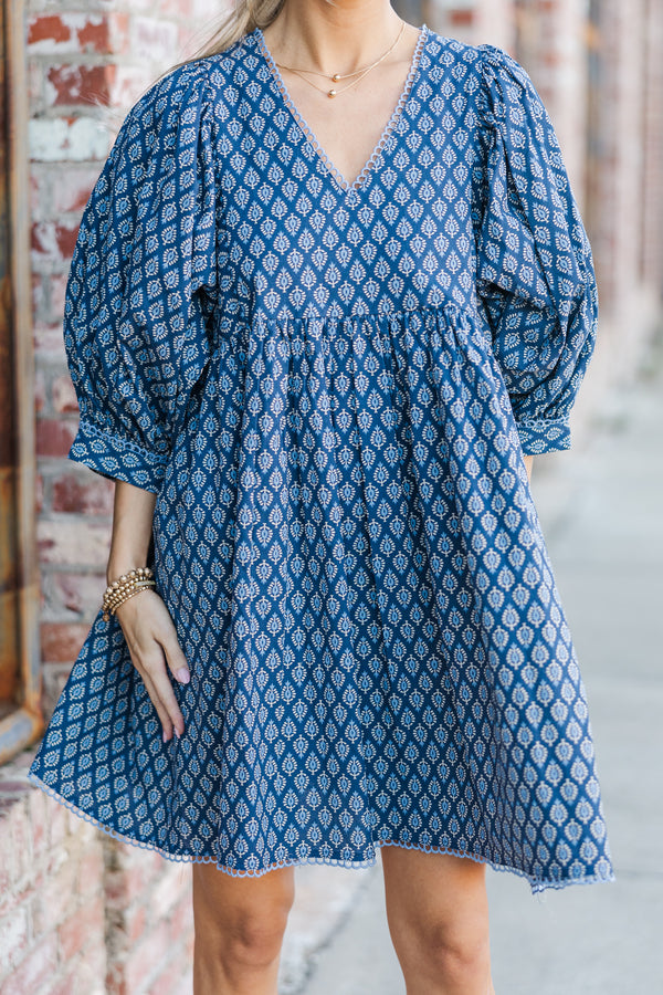 Moving Forward Denim Blue Medallion Dress