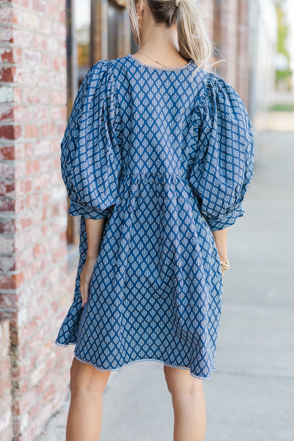 Moving Forward Denim Blue Medallion Dress