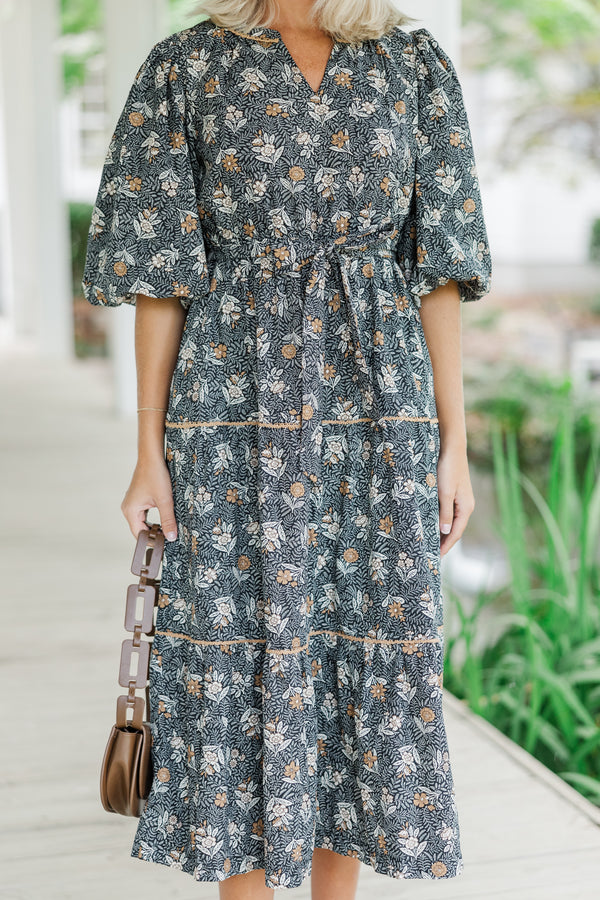 All So Serious Black Floral Midi Dress