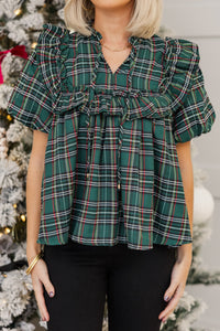 Happier Now Emerald Green Plaid Blouse