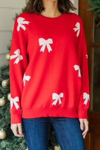 Tied With A Bow Red Ribbon Print Sweater