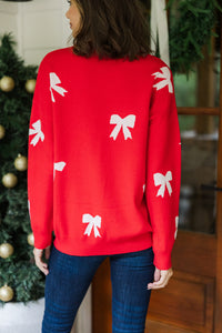 Tied With A Bow Red Ribbon Print Sweater