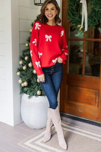 bow printed sweater, holiday sweaters, red sweaters, shop the mint