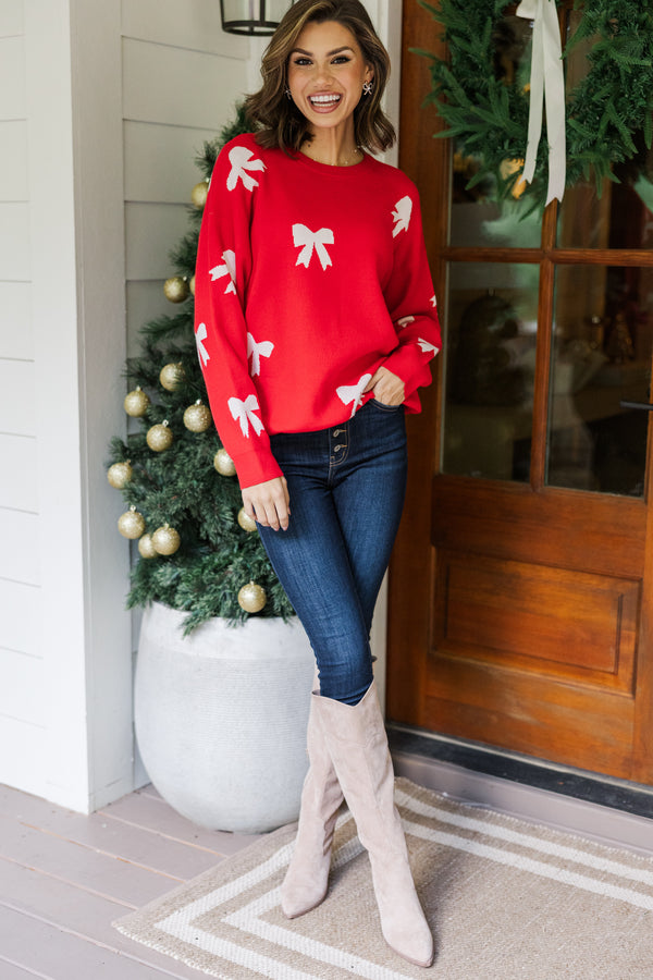 bow printed sweater, holiday sweaters, red sweaters, shop the mint