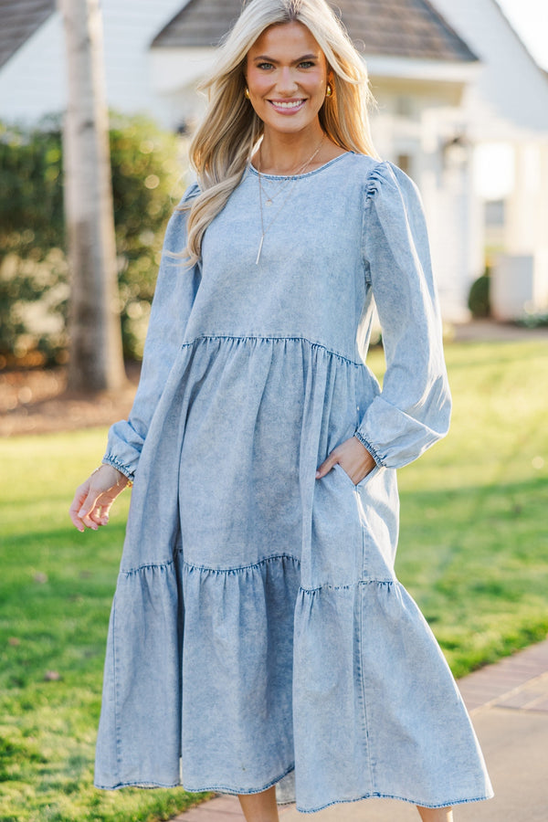midi long sleeve denim dress Izzy Long Sleeve Denim Zip Midi Dress Blue