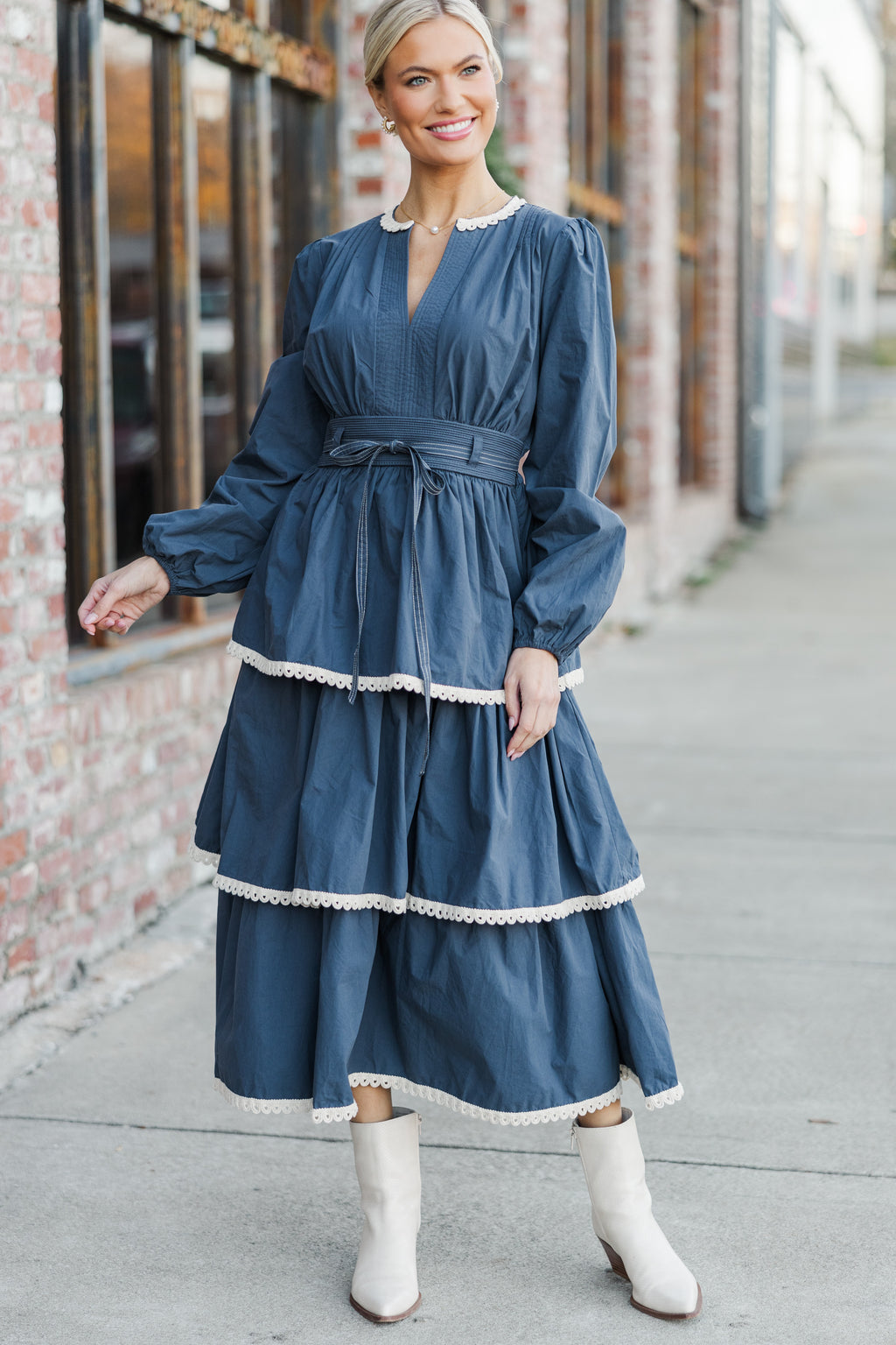 ワンピース deres 21st relax drape dress navy FT Count You In Navy Blue Rickrack Midi Dress – Shop the Mint