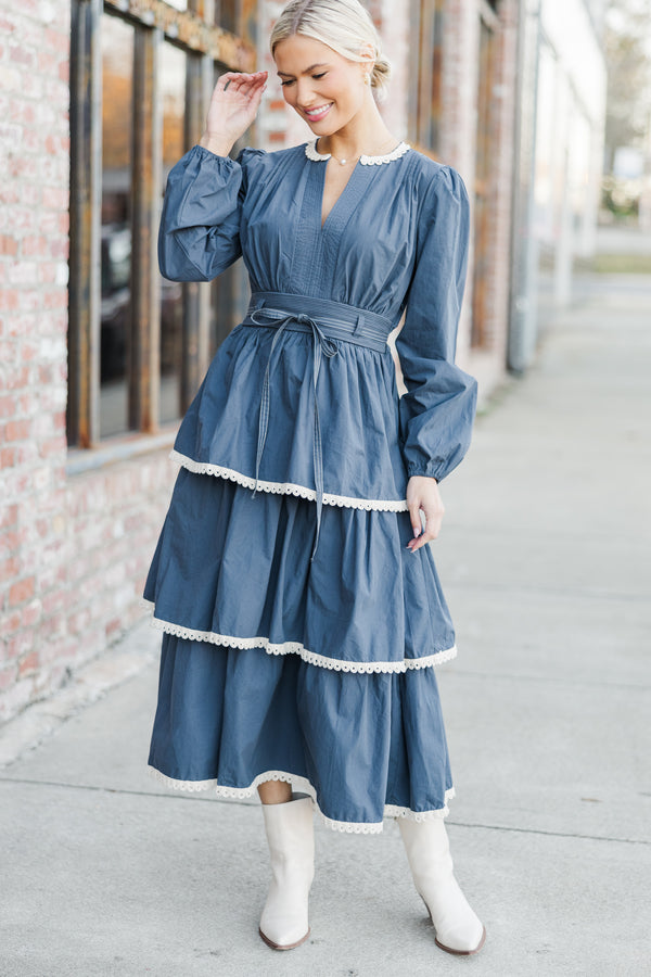 Count You In Navy Blue Rickrack Midi Dress