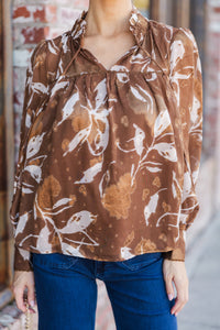 Give You A Try Camel Brown Floral Blouse