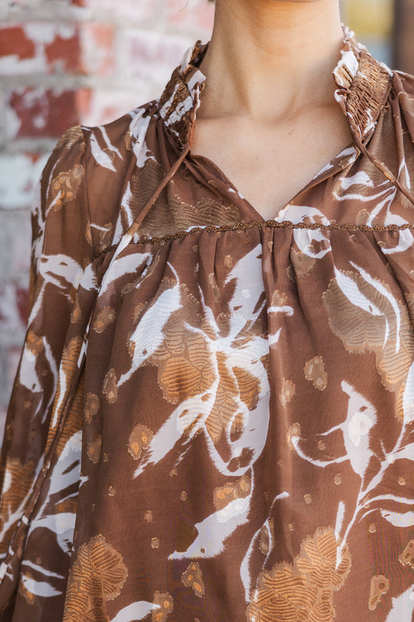 Give You A Try Camel Brown Floral Blouse