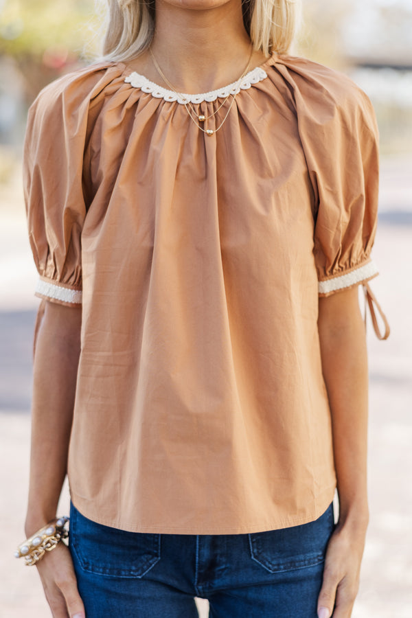 Love One Day Mocha Brown Embroidered Blouse