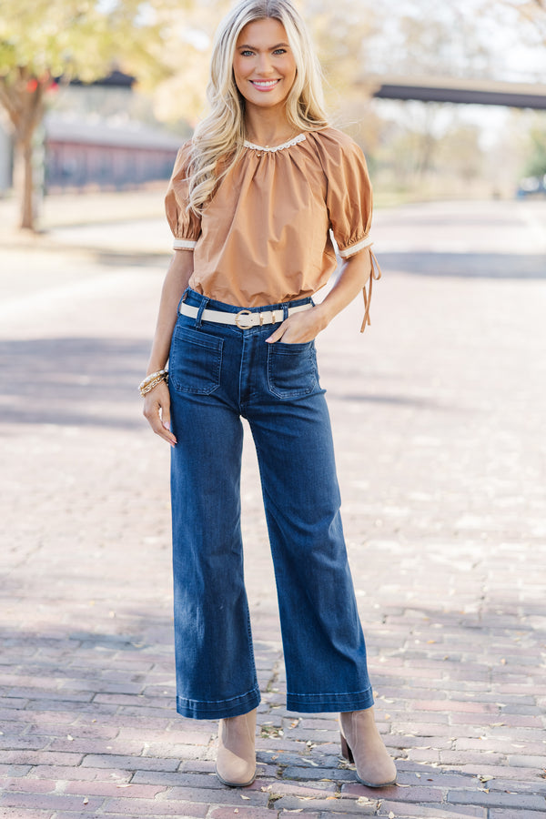 Love One Day Mocha Brown Embroidered Blouse