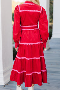 So In Love Red Scalloped Midi Dress