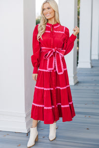 So In Love Red Scalloped Midi Dress