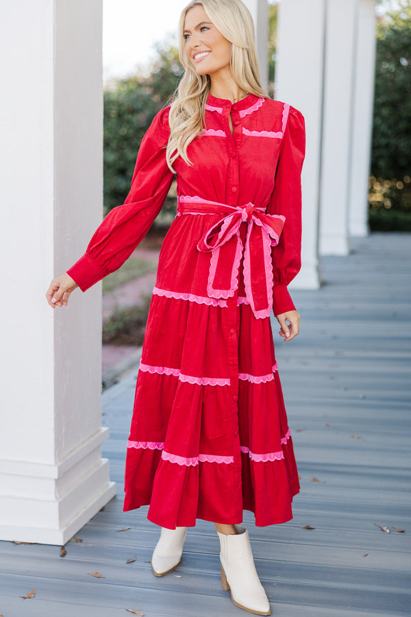 So In Love Red Scalloped Midi Dress