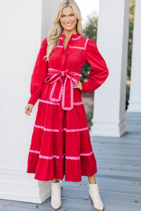 So In Love Red Scalloped Midi Dress