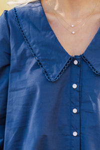 Just For You Navy Blue Long Collared Blouse