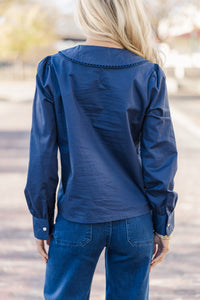 Just For You Navy Blue Long Collared Blouse