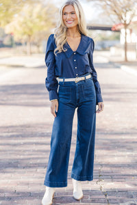 Just For You Navy Blue Long Collared Blouse