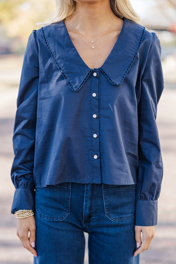 Just For You Navy Blue Long Collared Blouse