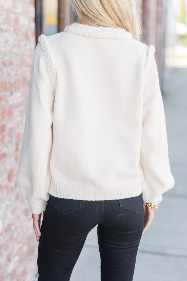 Just A Touch Ecru White Braided Sweater