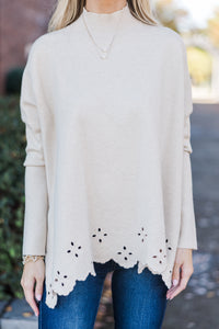 All That You Love Oatmeal Laser Cut Tunic Sweater