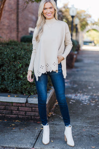 All That You Love Oatmeal Laser Cut Tunic Sweater