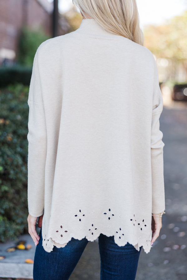 All That You Love Oatmeal Laser Cut Tunic Sweater