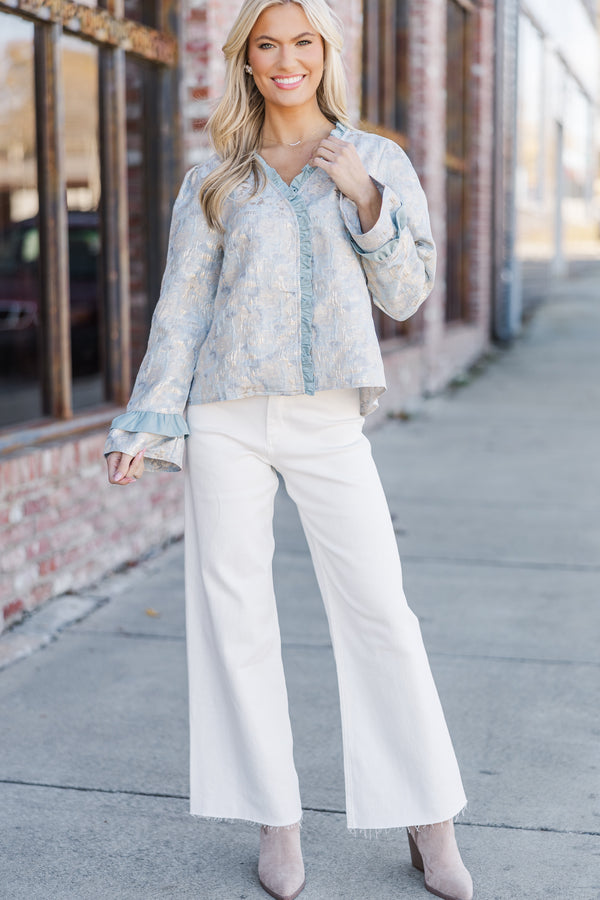 Where You're Going Slate Blue Floral Blouse