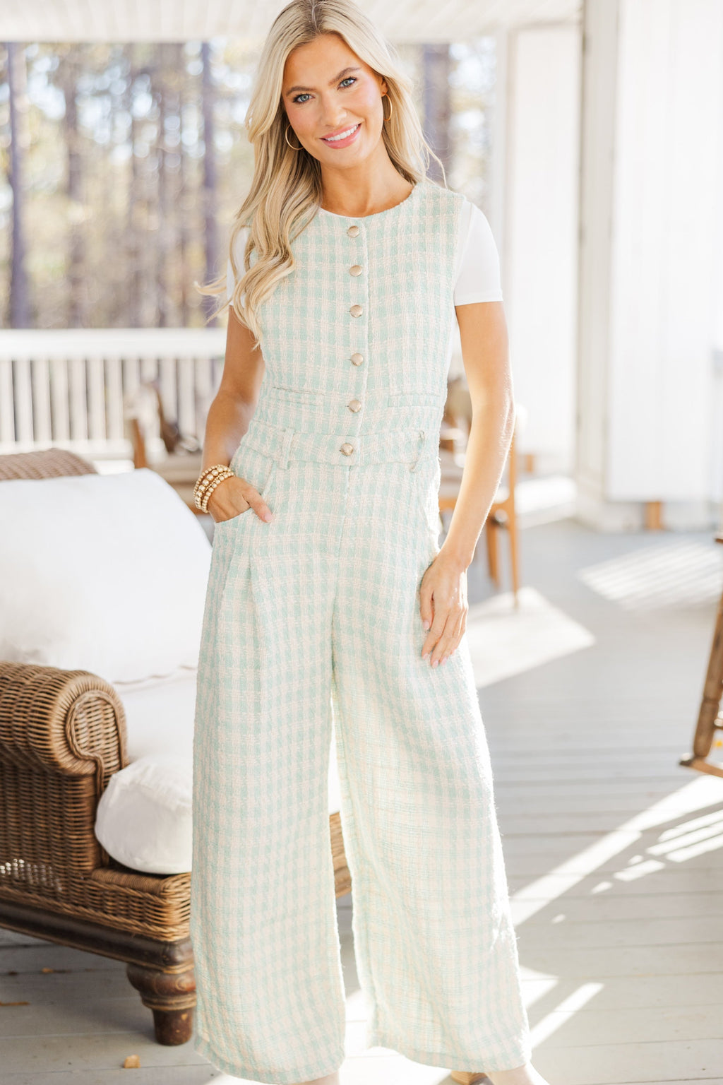All Eyes On You Sage Green Plaid Jumpsuit – Shop the Mint