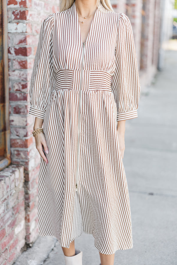 brown striped midi dress Teddie Brown Striped Midi Dress