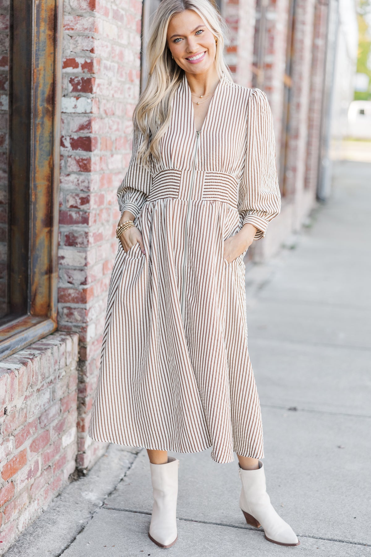 How You Love Brown Striped Midi Dress – Shop the Mint