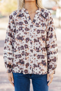 Just Dreaming Taupe Brown Floral Blouse