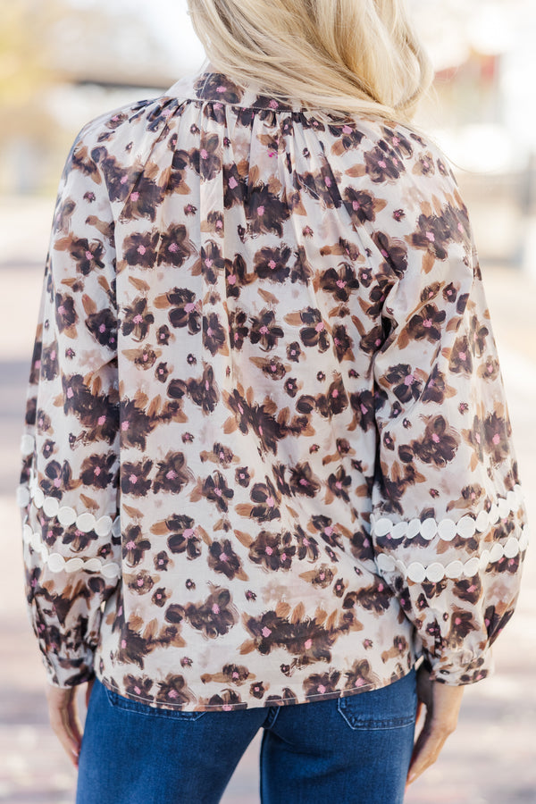 Just Dreaming Taupe Brown Floral Blouse