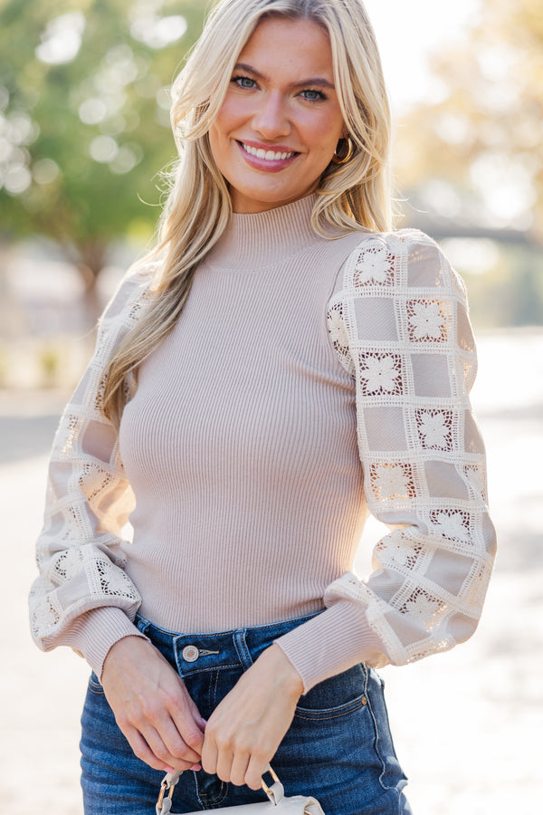 It's All Fair Light Mocha Crochet Sweater