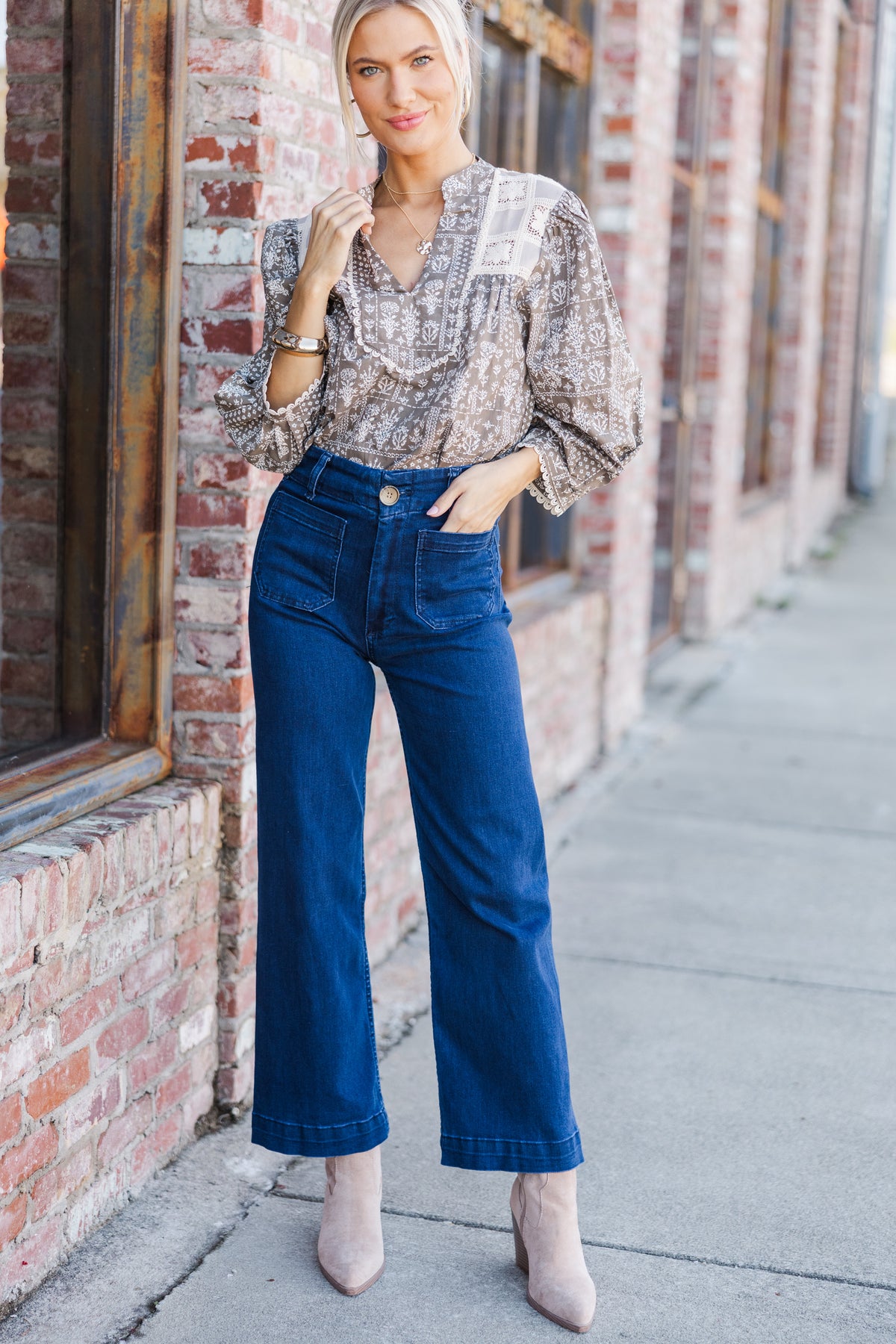 Mocha Meadows Floral Button Up Top
