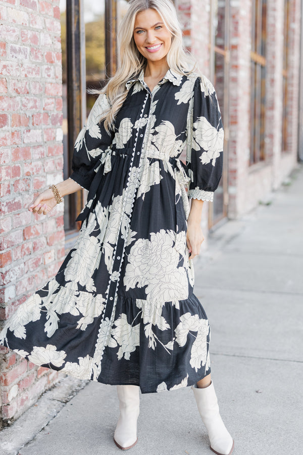 Come Together Black Floral Midi Dress