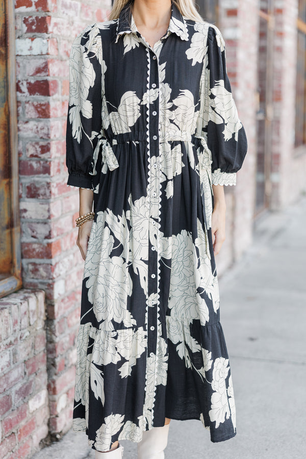 Come Together Black Floral Midi Dress